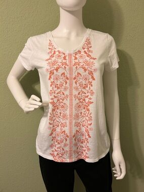 LOFT White Short-Sleeve Tee with Coral Floral Embroidery